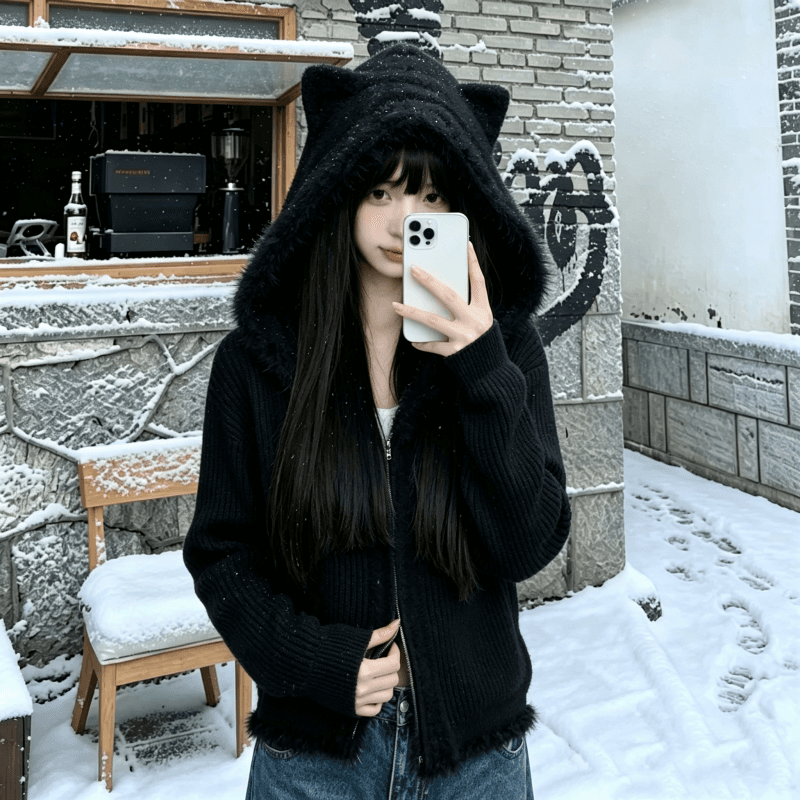 화이트 우유 fufu 고양이 귀 너구리 털털 의류 여성 코트 가을 겨울철 외부 가져 가라. 슈퍼 잘 생긴 지퍼 니트 오픈 가디건 이미지 2