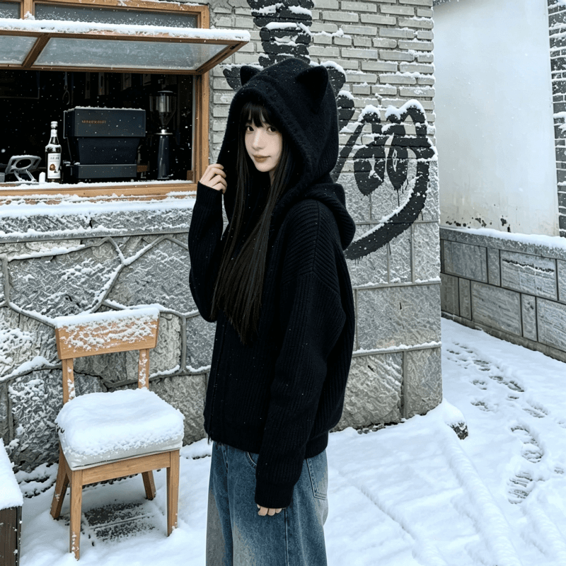 화이트 우유 fufu 고양이 귀 너구리 털털 의류 여성 코트 가을 겨울철 외부 가져 가라. 슈퍼 잘 생긴 지퍼 니트 오픈 가디건 상세 이미지 11