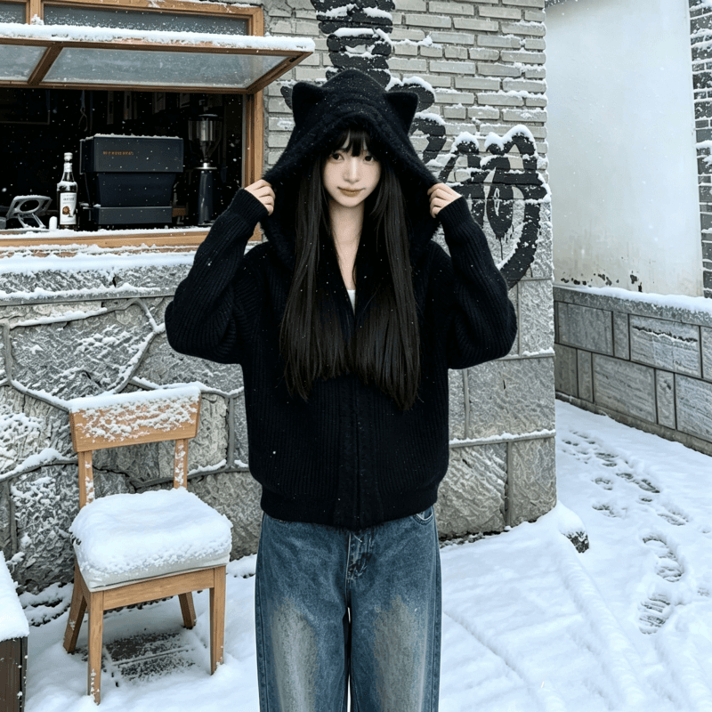 화이트 우유 fufu 고양이 귀 너구리 털털 의류 여성 코트 가을 겨울철 외부 가져 가라. 슈퍼 잘 생긴 지퍼 니트 오픈 가디건 상세 이미지 13