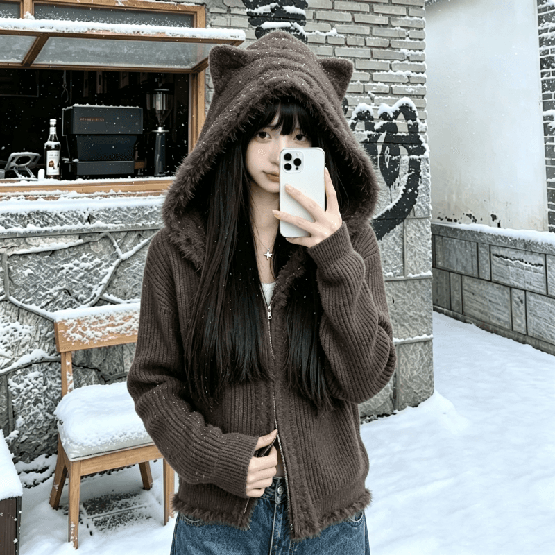화이트 우유 fufu 고양이 귀 너구리 털털 의류 여성 코트 가을 겨울철 외부 가져 가라. 슈퍼 잘 생긴 지퍼 니트 오픈 가디건 상세 이미지 16