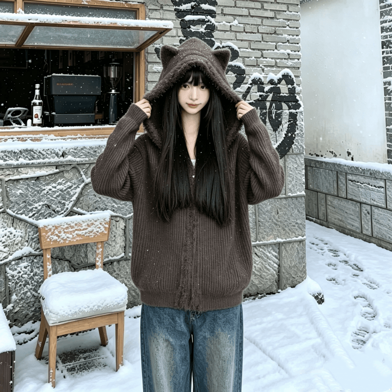 화이트 우유 fufu 고양이 귀 너구리 털털 의류 여성 코트 가을 겨울철 외부 가져 가라. 슈퍼 잘 생긴 지퍼 니트 오픈 가디건 상세 이미지 19