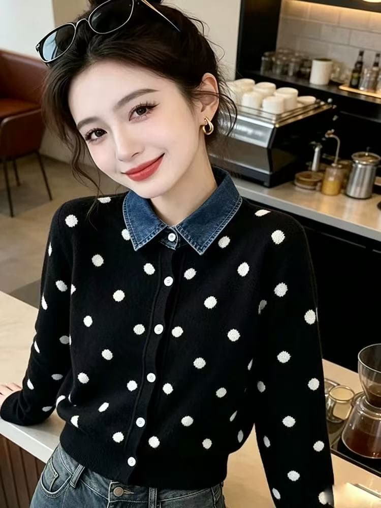 프랑스식 도트 무늬 페이크 레이어드 데님 패치워크 POLO 칼라 니트 스웨터 부드러운 찹쌀 연령 감소 스웨터 코트 가을 겨울철 새로운 이미지 4