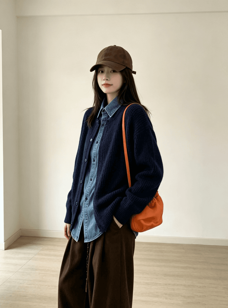 데님 POLO 칼라 패치워크 스웨터 니트 스웨터 여성 두꺼운 카디건 코트 가을 겨울 디자인 센스 단추 맨위