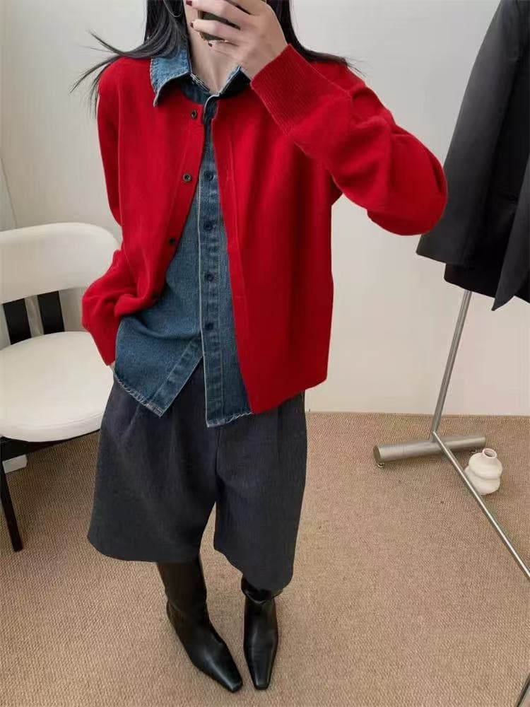 데님 POLO 칼라 패치워크 스웨터 니트 스웨터 여성 두꺼운 카디건 코트 가을 겨울 디자인 센스 단추 맨위 이미지 3