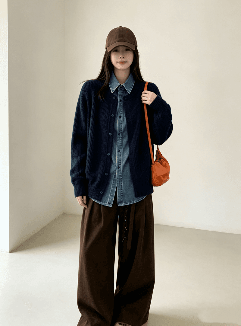 데님 POLO 칼라 패치워크 스웨터 니트 스웨터 여성 두꺼운 카디건 코트 가을 겨울 디자인 센스 단추 맨위 상세 이미지 2