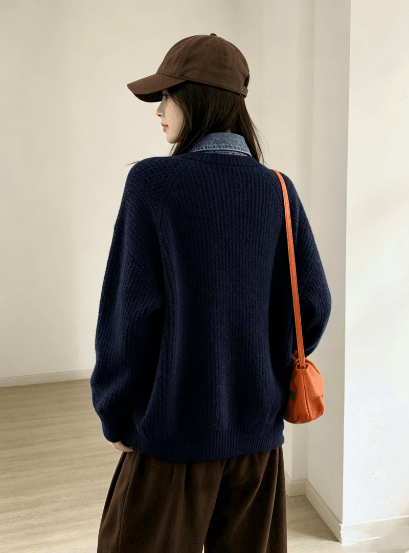 데님 POLO 칼라 패치워크 스웨터 니트 스웨터 여성 두꺼운 카디건 코트 가을 겨울 디자인 센스 단추 맨위 상세 이미지 4