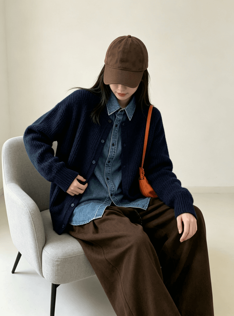 데님 POLO 칼라 패치워크 스웨터 니트 스웨터 여성 두꺼운 카디건 코트 가을 겨울 디자인 센스 단추 맨위 상세 이미지 6