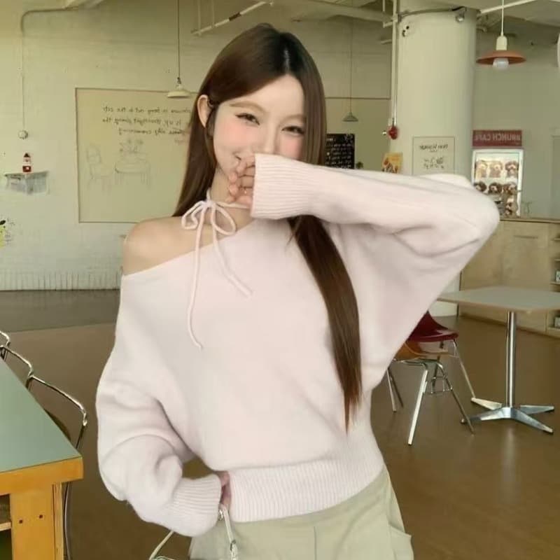 한 부서 레트로 긴팔 비스듬한 어깨 스웨터 여자 가을 겨울철 루즈핏 느긋한 바람 고급 센스 작은 키 니트 스웨터 맨위 이미지 5