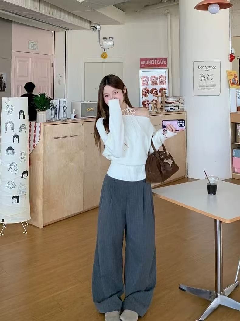 한 부서 레트로 긴팔 비스듬한 어깨 스웨터 여자 가을 겨울철 루즈핏 느긋한 바람 고급 센스 작은 키 니트 스웨터 맨위 상세 이미지 3