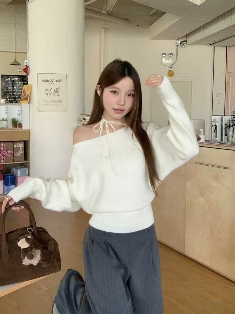 한 부서 레트로 긴팔 비스듬한 어깨 스웨터 여자 가을 겨울철 루즈핏 느긋한 바람 고급 센스 작은 키 니트 스웨터 맨위 상세 이미지 4