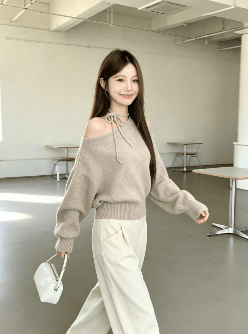 한 부서 레트로 긴팔 비스듬한 어깨 스웨터 여자 가을 겨울철 루즈핏 느긋한 바람 고급 센스 작은 키 니트 스웨터 맨위 상세 이미지 7
