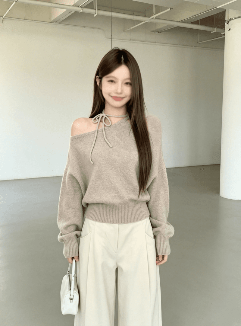 한 부서 레트로 긴팔 비스듬한 어깨 스웨터 여자 가을 겨울철 루즈핏 느긋한 바람 고급 센스 작은 키 니트 스웨터 맨위 상세 이미지 8