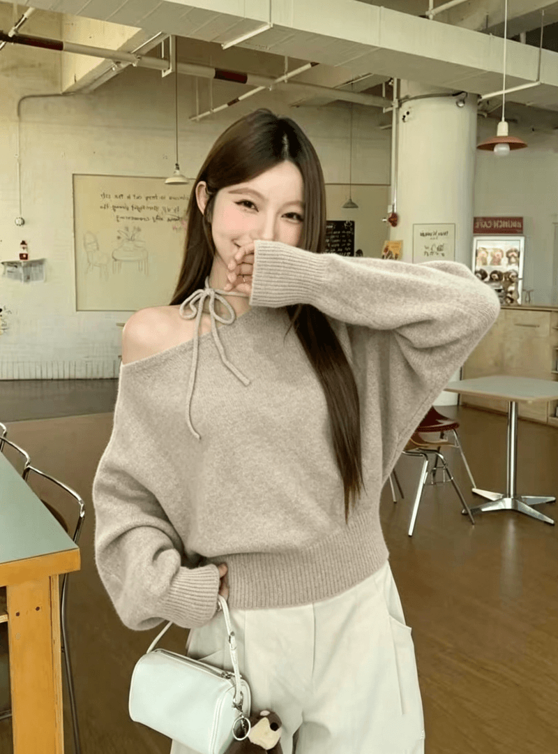 한 부서 레트로 긴팔 비스듬한 어깨 스웨터 여자 가을 겨울철 루즈핏 느긋한 바람 고급 센스 작은 키 니트 스웨터 맨위 상세 이미지 9