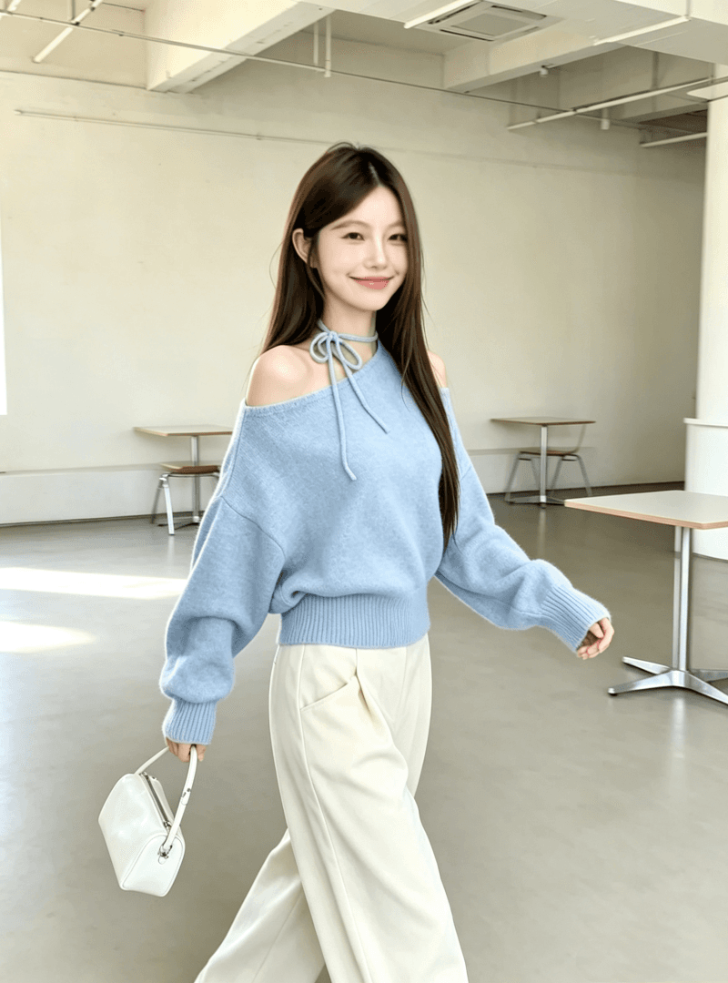 한 부서 레트로 긴팔 비스듬한 어깨 스웨터 여자 가을 겨울철 루즈핏 느긋한 바람 고급 센스 작은 키 니트 스웨터 맨위 상세 이미지 11