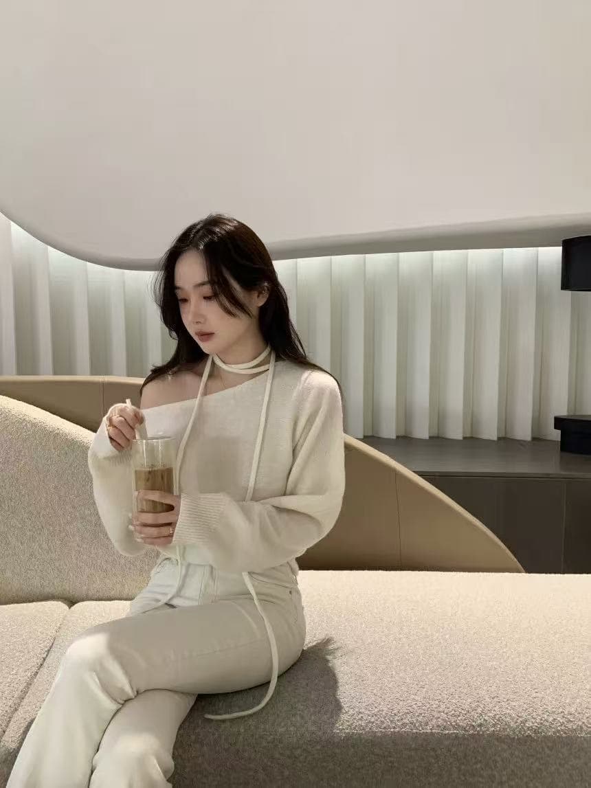 한 부서 chic Chic 비스듬한 칼라 오프숄더 니트 스웨터 여성 이른 가을 새로운 루즈핏 느긋한 풀오버 쇼트 스타일 맨위 상세 이미지 2