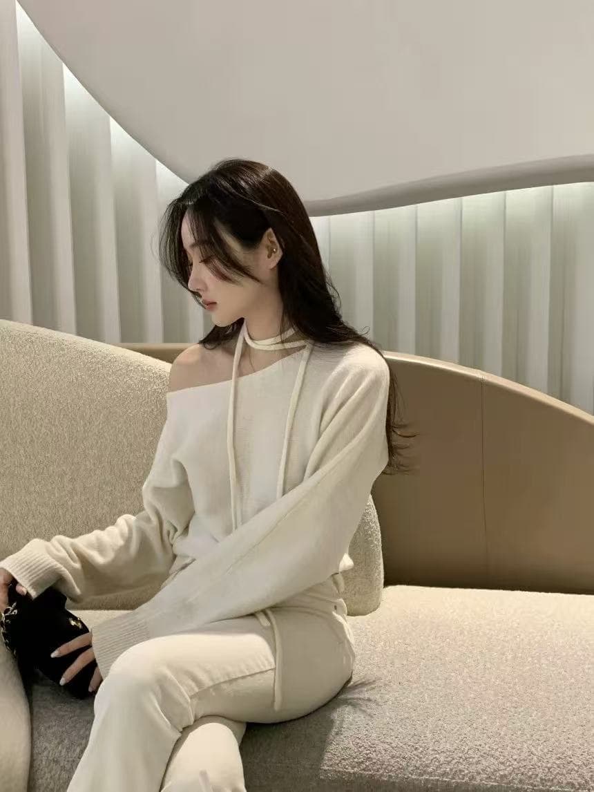 한 부서 chic Chic 비스듬한 칼라 오프숄더 니트 스웨터 여성 이른 가을 새로운 루즈핏 느긋한 풀오버 쇼트 스타일 맨위 상세 이미지 3