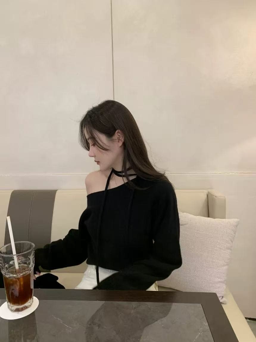 한 부서 chic Chic 비스듬한 칼라 오프숄더 니트 스웨터 여성 이른 가을 새로운 루즈핏 느긋한 풀오버 쇼트 스타일 맨위 상세 이미지 11