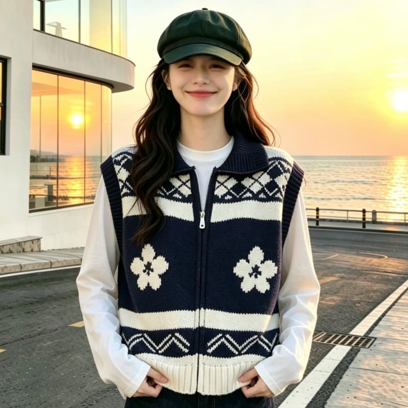 2026 공정한 섬 꽃 폴로 칼라 니트 베스트 조끼 오픈 가디건 화이트 만나는 가져 가라. 넓은 다리 청바지 3종 세트 이미지 5