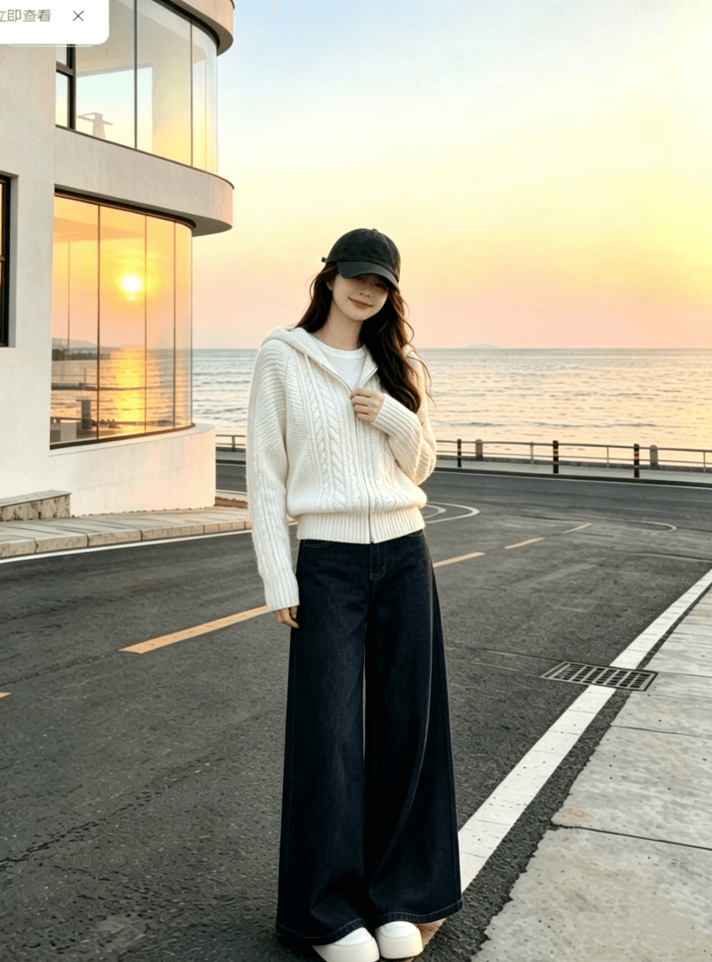 코디 전체 집합 ootd 착용 가져 가라. 연령 감소 작은 샤넬 스타일 니트 후드 스웨터 부츠컷 청바지 세 조각 세트 여성 이미지 3