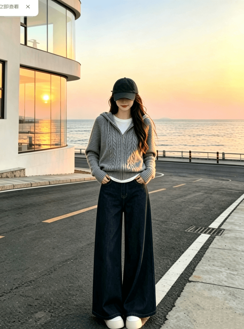 코디 전체 집합 ootd 착용 가져 가라. 연령 감소 작은 샤넬 스타일 니트 후드 스웨터 부츠컷 청바지 세 조각 세트 여성 상세 이미지 1