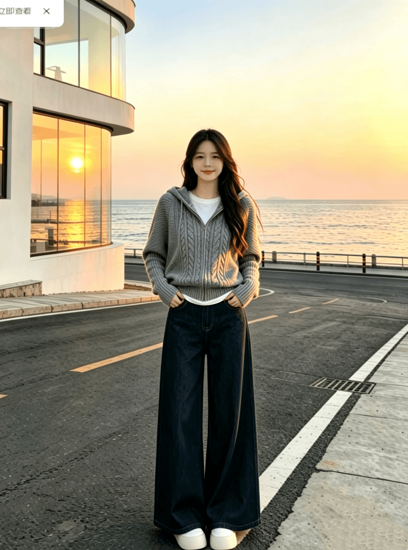 코디 전체 집합 ootd 착용 가져 가라. 연령 감소 작은 샤넬 스타일 니트 후드 스웨터 부츠컷 청바지 세 조각 세트 여성 상세 이미지 5