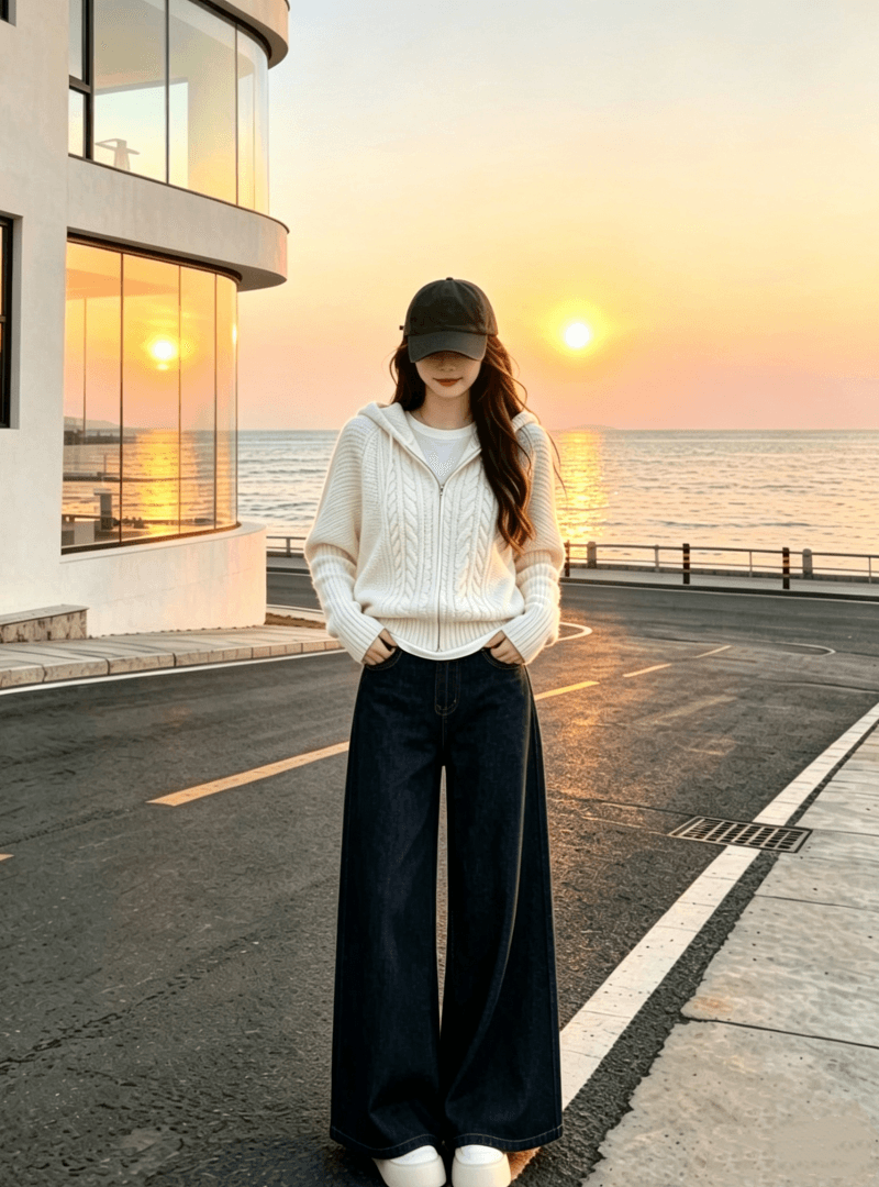 코디 전체 집합 ootd 착용 가져 가라. 연령 감소 작은 샤넬 스타일 니트 후드 스웨터 부츠컷 청바지 세 조각 세트 여성 상세 이미지 12