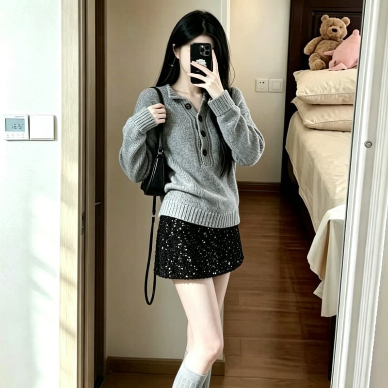 작은 샤넬 스타일 세트 여성 가을 겨울철 한 부서 전체 집합 디자인 센스 니트 스웨터 착용 가져 가라. 스팽글 치마 투피스 세트 트렌디 이미지 5