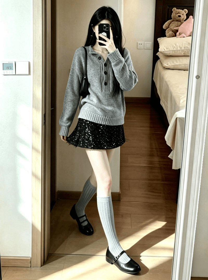 작은 샤넬 스타일 세트 여성 가을 겨울철 한 부서 전체 집합 디자인 센스 니트 스웨터 착용 가져 가라. 스팽글 치마 투피스 세트 트렌디 상세 이미지 5