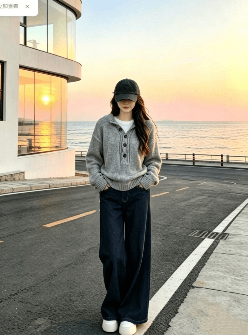 이른 가을 한 부서 착용 가져 가라. 얇은 스타일 회색 V넥 니트 스웨터 청바지 여성 2026 새로운 고급 센스 맨위 세트