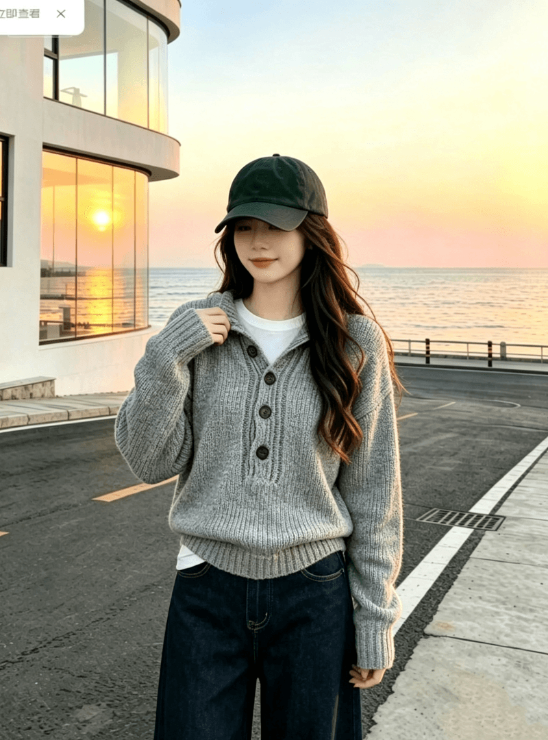 이른 가을 한 부서 착용 가져 가라. 얇은 스타일 회색 V넥 니트 스웨터 청바지 여성 2026 새로운 고급 센스 맨위 세트 이미지 2