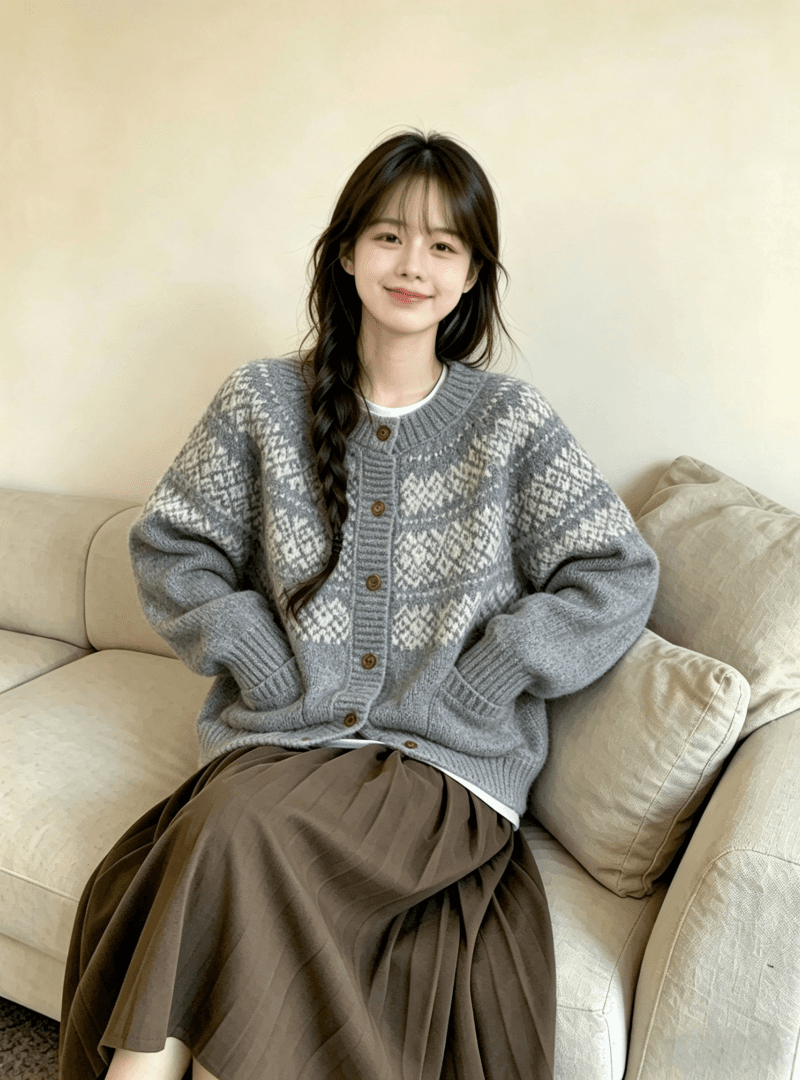 한국 2026 가을 겨울 공정한 섬 자카드 라운드 넥 부드러운 찹쌀 니트 오픈 가디건 스웨터 루즈핏 다용도 재킷 이미지 2