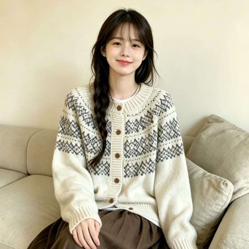 한국 2026 가을 겨울 공정한 섬 자카드 라운드 넥 부드러운 찹쌀 니트 오픈 가디건 스웨터 루즈핏 다용도 재킷 이미지 5