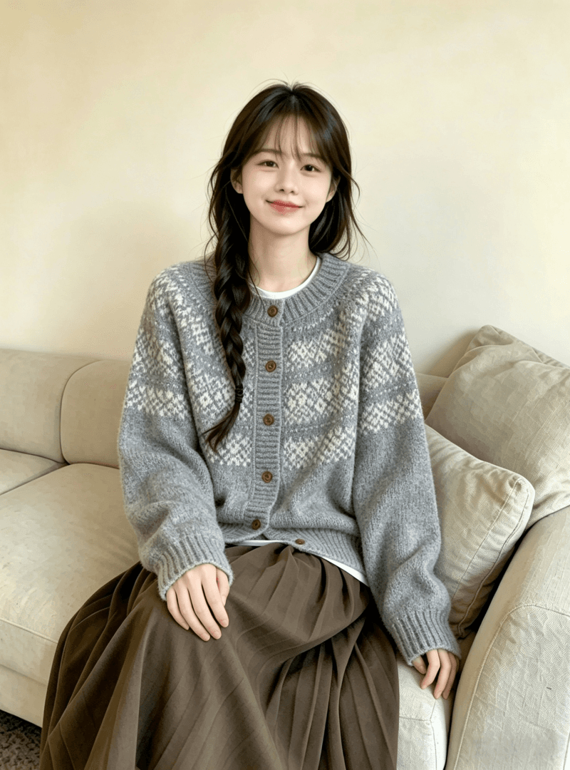 한국 2026 가을 겨울 공정한 섬 자카드 라운드 넥 부드러운 찹쌀 니트 오픈 가디건 스웨터 루즈핏 다용도 재킷 상세 이미지 8