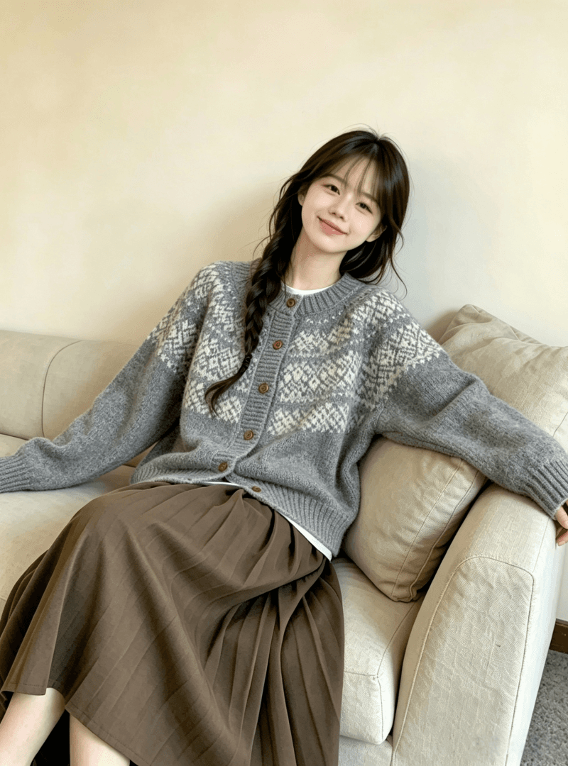 한국 2026 가을 겨울 공정한 섬 자카드 라운드 넥 부드러운 찹쌀 니트 오픈 가디건 스웨터 루즈핏 다용도 재킷 상세 이미지 11