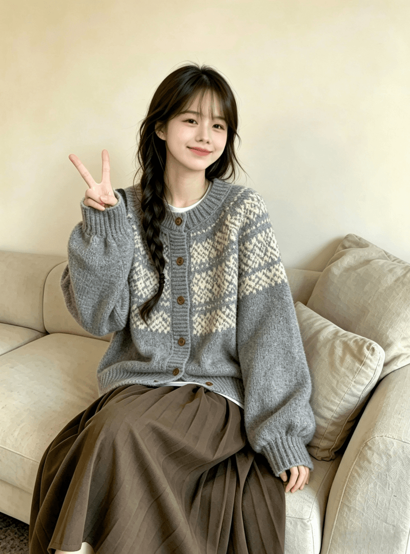 한국 2026 가을 겨울 공정한 섬 자카드 라운드 넥 부드러운 찹쌀 니트 오픈 가디건 스웨터 루즈핏 다용도 재킷 상세 이미지 13