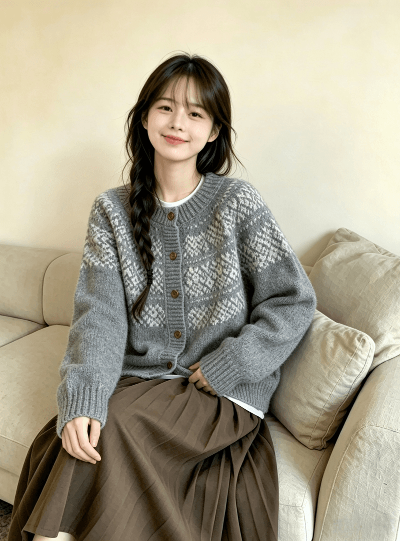 한국 2026 가을 겨울 공정한 섬 자카드 라운드 넥 부드러운 찹쌀 니트 오픈 가디건 스웨터 루즈핏 다용도 재킷 상세 이미지 14