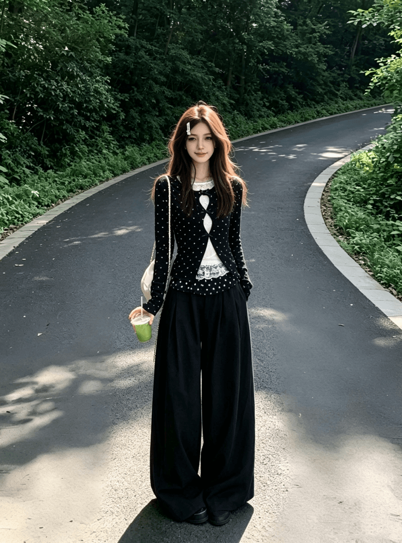 봄 가을 한 부서 페이크 레이어드 홀로우 아웃 레이스 기본 셔츠 여성 다용도 긴팔 티셔츠 맨위 와이드 레그 팬츠 투피스 세트 상세 이미지 1