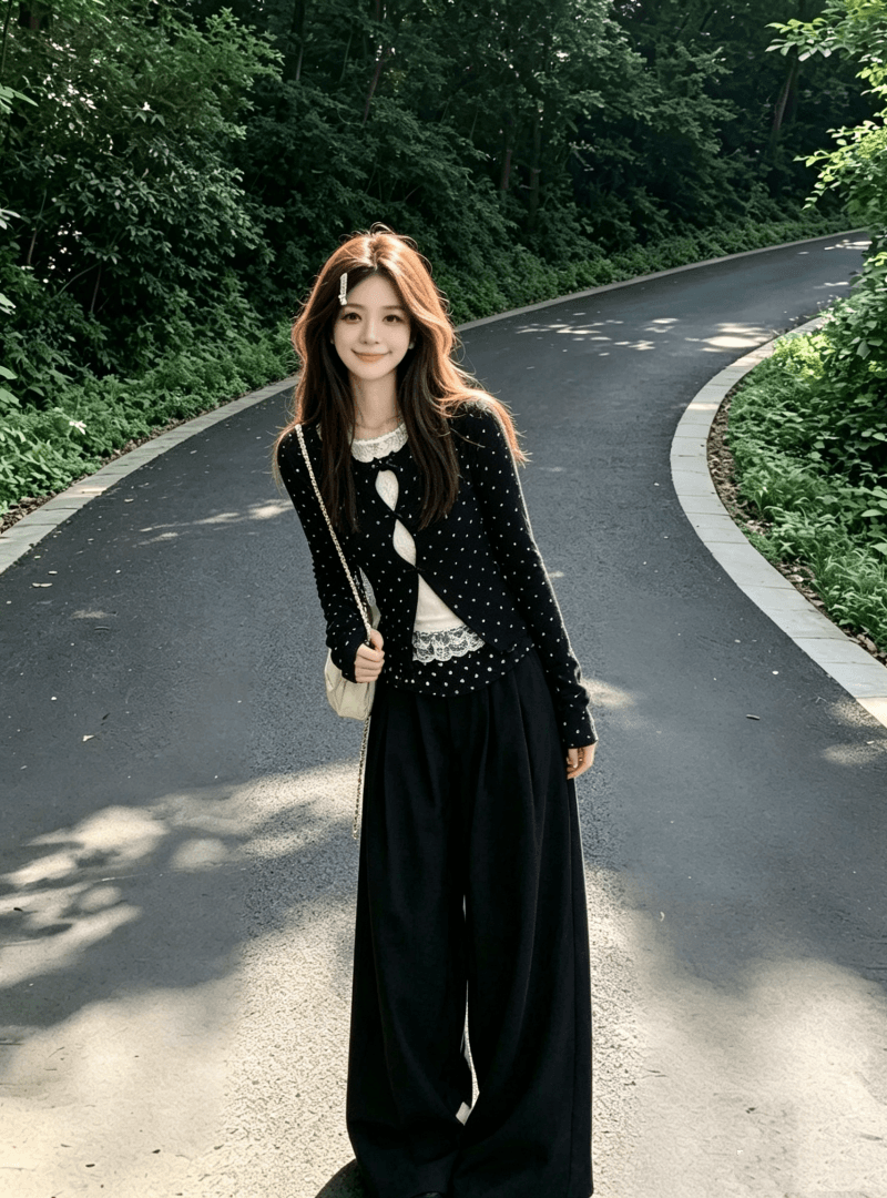 봄 가을 한 부서 페이크 레이어드 홀로우 아웃 레이스 기본 셔츠 여성 다용도 긴팔 티셔츠 맨위 와이드 레그 팬츠 투피스 세트 상세 이미지 3
