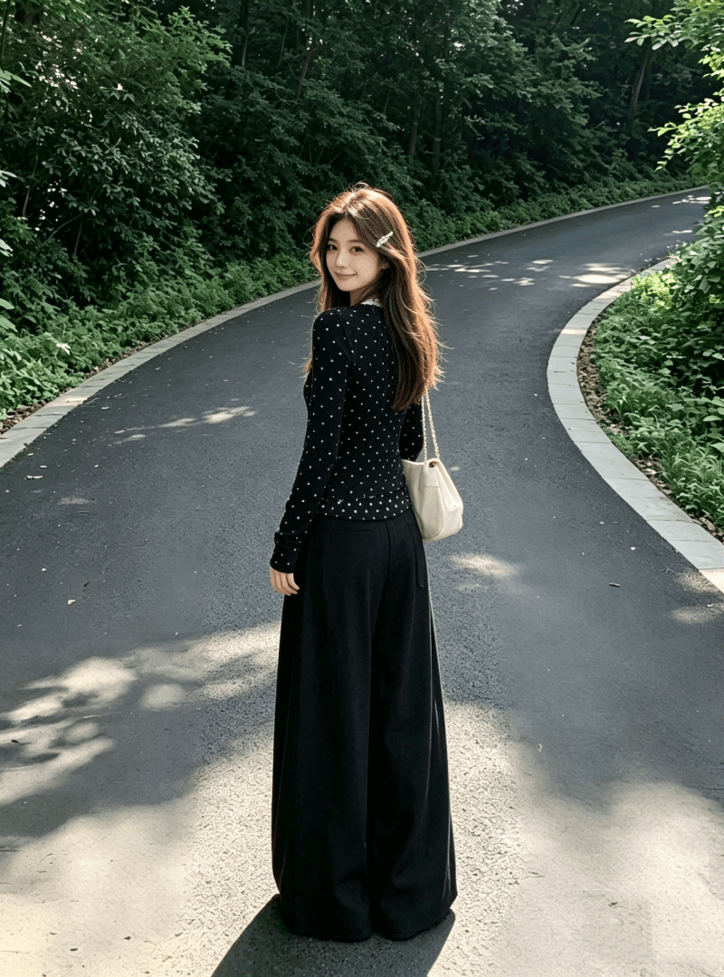 봄 가을 한 부서 페이크 레이어드 홀로우 아웃 레이스 기본 셔츠 여성 다용도 긴팔 티셔츠 맨위 와이드 레그 팬츠 투피스 세트 상세 이미지 4
