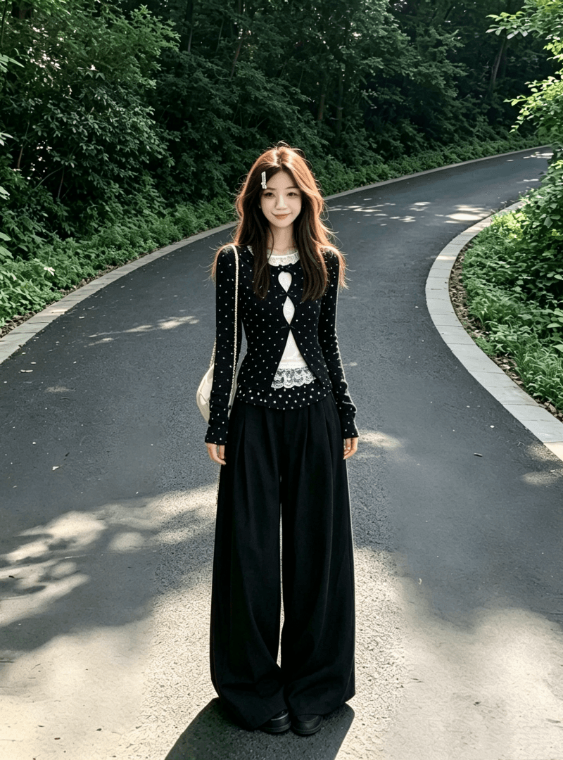 봄 가을 한 부서 페이크 레이어드 홀로우 아웃 레이스 기본 셔츠 여성 다용도 긴팔 티셔츠 맨위 와이드 레그 팬츠 투피스 세트 상세 이미지 6