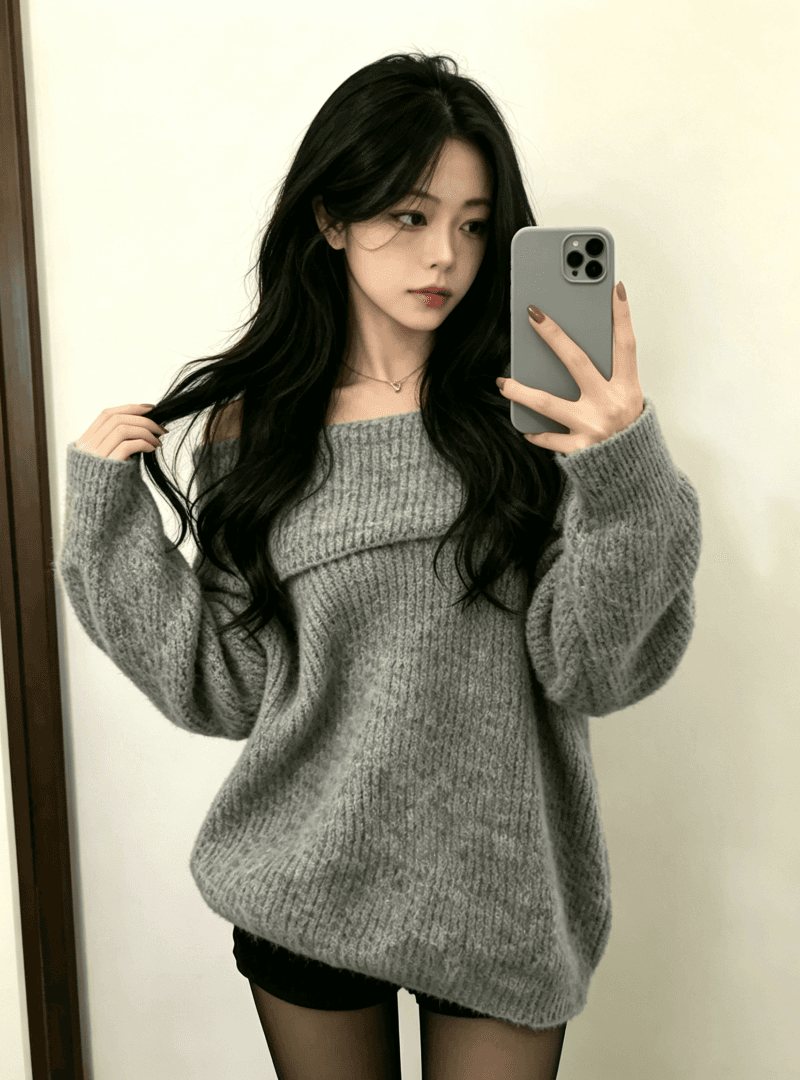 한 부서 느긋한 바람 오프숄더 스웨터 가을 겨울 느슨함 센스 부드러운 찹쌀 순수한 욕망 달콤한 매운맛 맨위 가져 가라. 검정색 반바지 세트 이미지 3