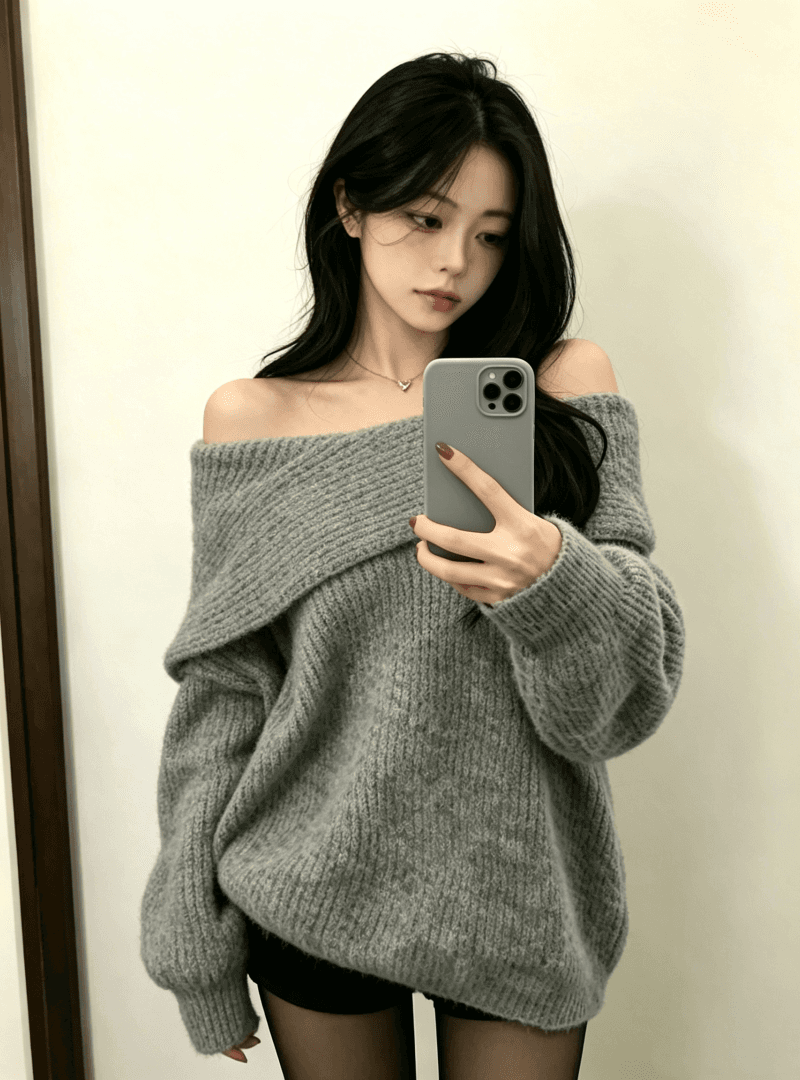 한 부서 느긋한 바람 오프숄더 스웨터 가을 겨울 느슨함 센스 부드러운 찹쌀 순수한 욕망 달콤한 매운맛 맨위 가져 가라. 검정색 반바지 세트 이미지 2