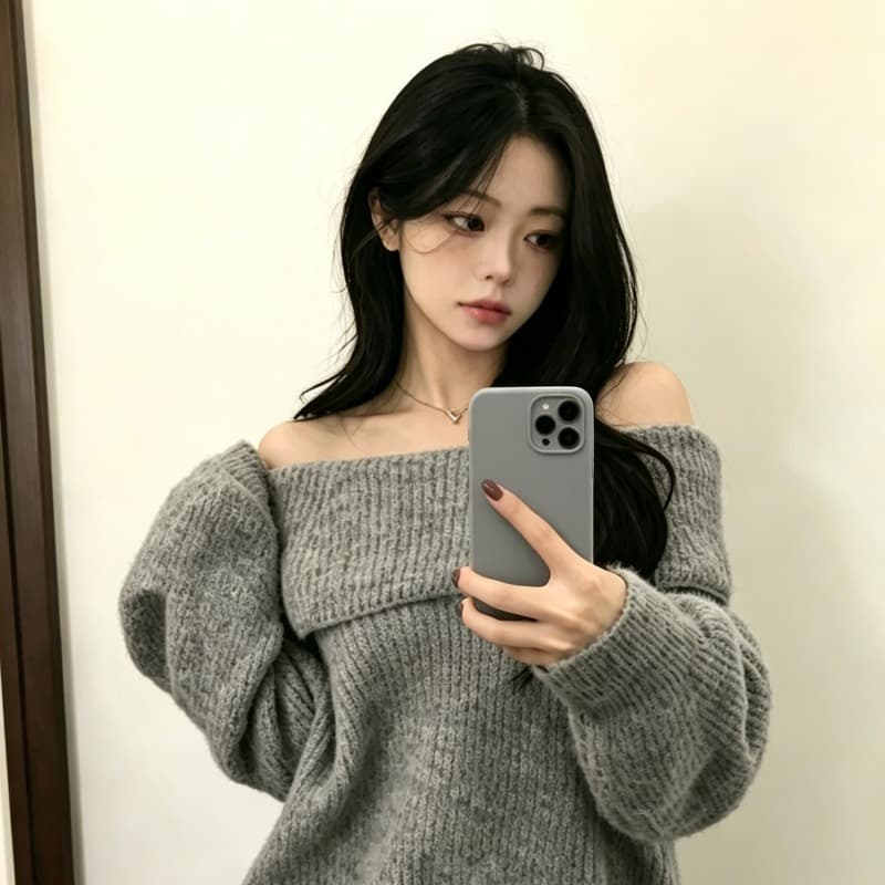 한 부서 느긋한 바람 오프숄더 스웨터 가을 겨울 느슨함 센스 부드러운 찹쌀 순수한 욕망 달콤한 매운맛 맨위 가져 가라. 검정색 반바지 세트 이미지 5