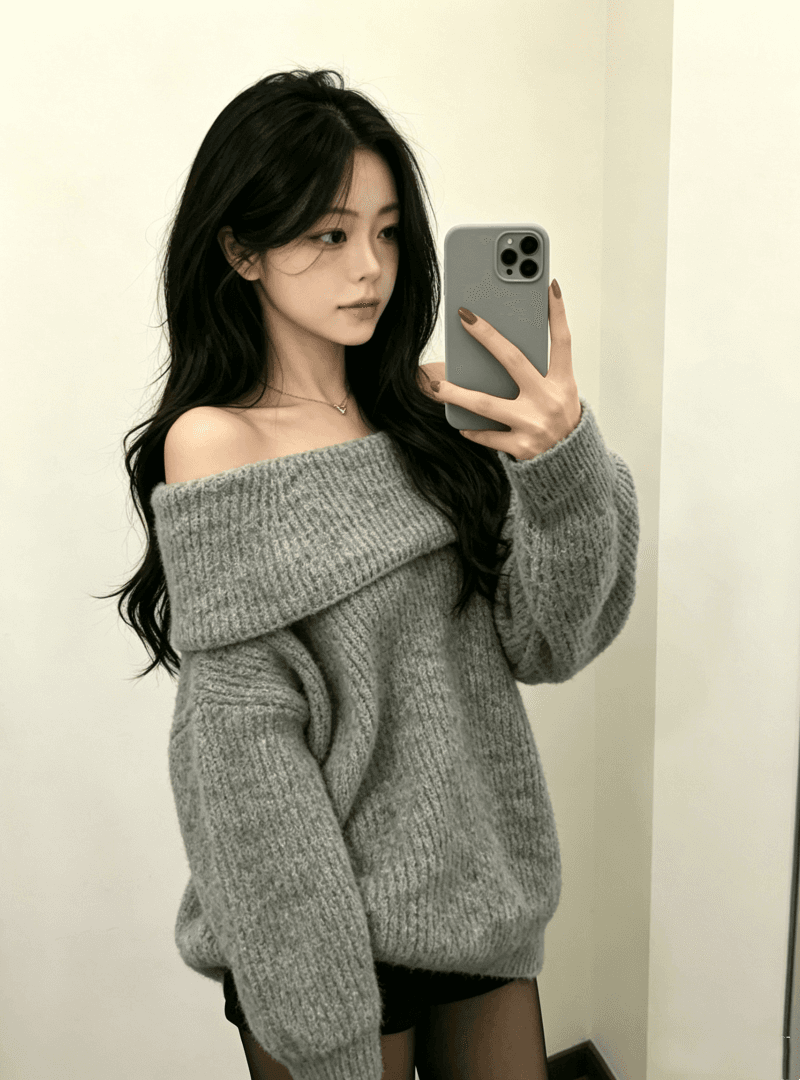 한 부서 느긋한 바람 오프숄더 스웨터 가을 겨울 느슨함 센스 부드러운 찹쌀 순수한 욕망 달콤한 매운맛 맨위 가져 가라. 검정색 반바지 세트 상세 이미지 2