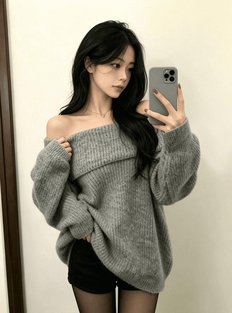 한 부서 느긋한 바람 오프숄더 스웨터 가을 겨울 느슨함 센스 부드러운 찹쌀 순수한 욕망 달콤한 매운맛 맨위 가져 가라. 검정색 반바지 세트 상세 이미지 3