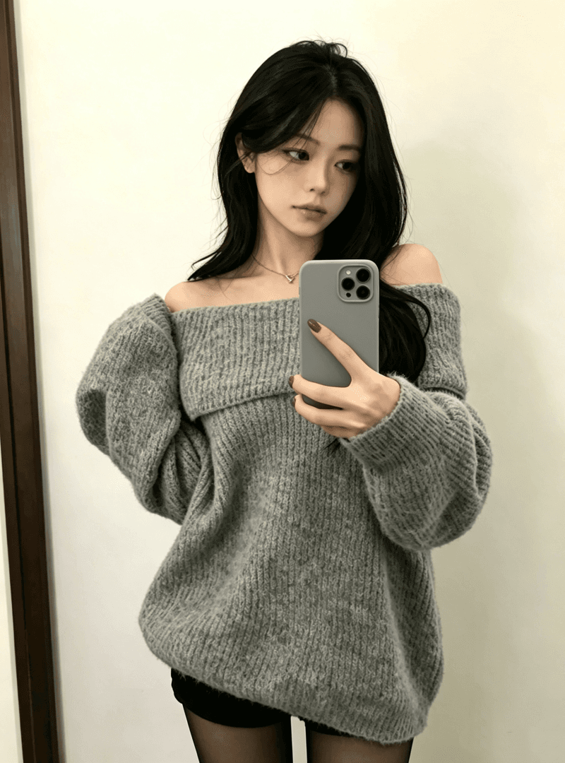 한 부서 느긋한 바람 오프숄더 스웨터 가을 겨울 느슨함 센스 부드러운 찹쌀 순수한 욕망 달콤한 매운맛 맨위 가져 가라. 검정색 반바지 세트 상세 이미지 5