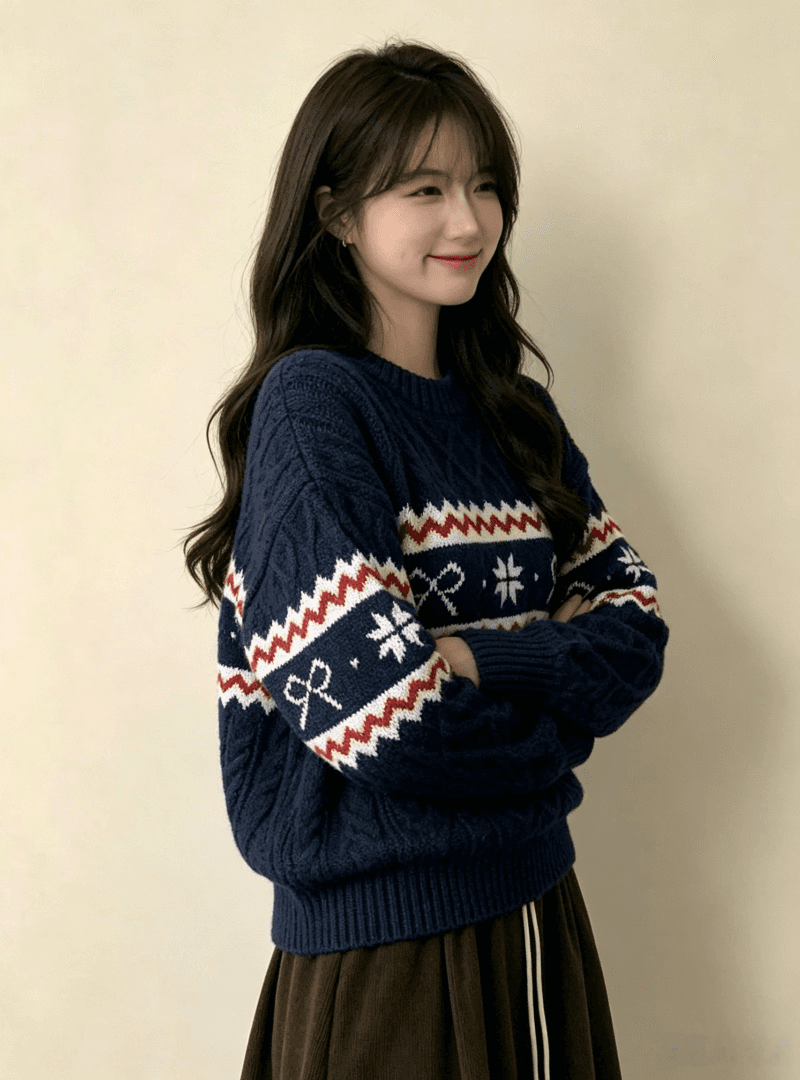 공정한 섬 자카드 라운드 넥 스웨터 여자 루즈핏 보온 인사이드 가져 가라. 만나는 니트 스웨터 느긋한 바람 맨위 상세 이미지 2