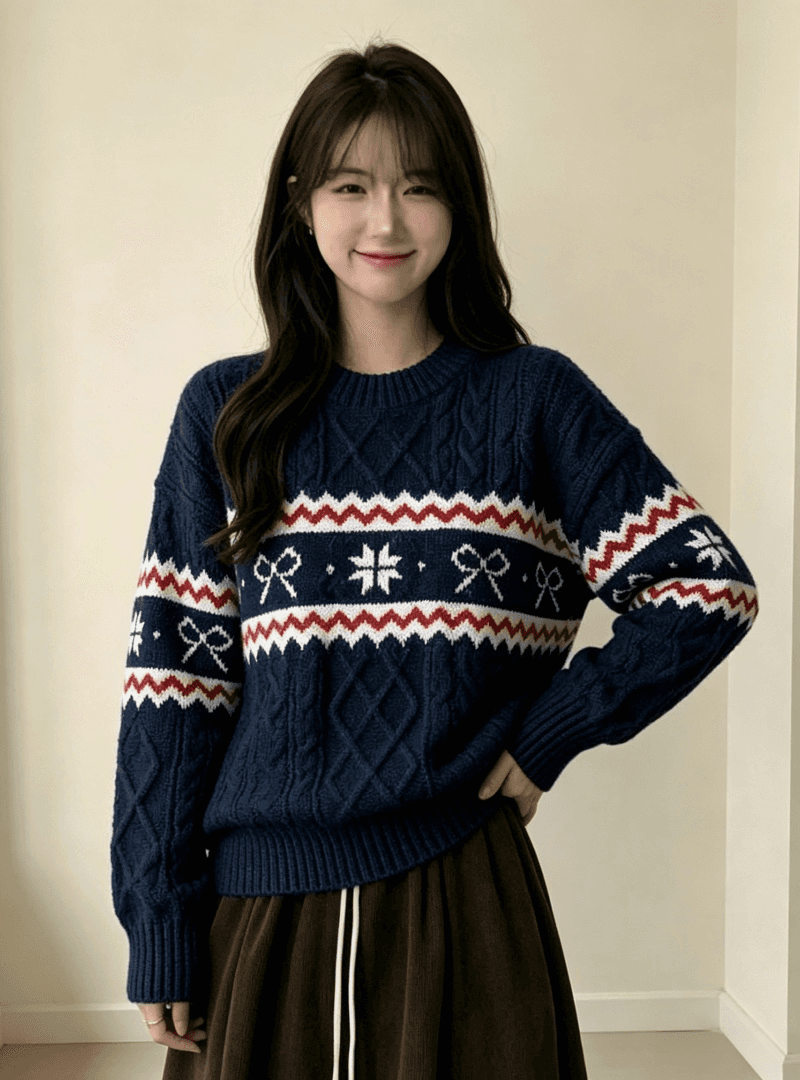 공정한 섬 자카드 라운드 넥 스웨터 여자 루즈핏 보온 인사이드 가져 가라. 만나는 니트 스웨터 느긋한 바람 맨위 상세 이미지 4