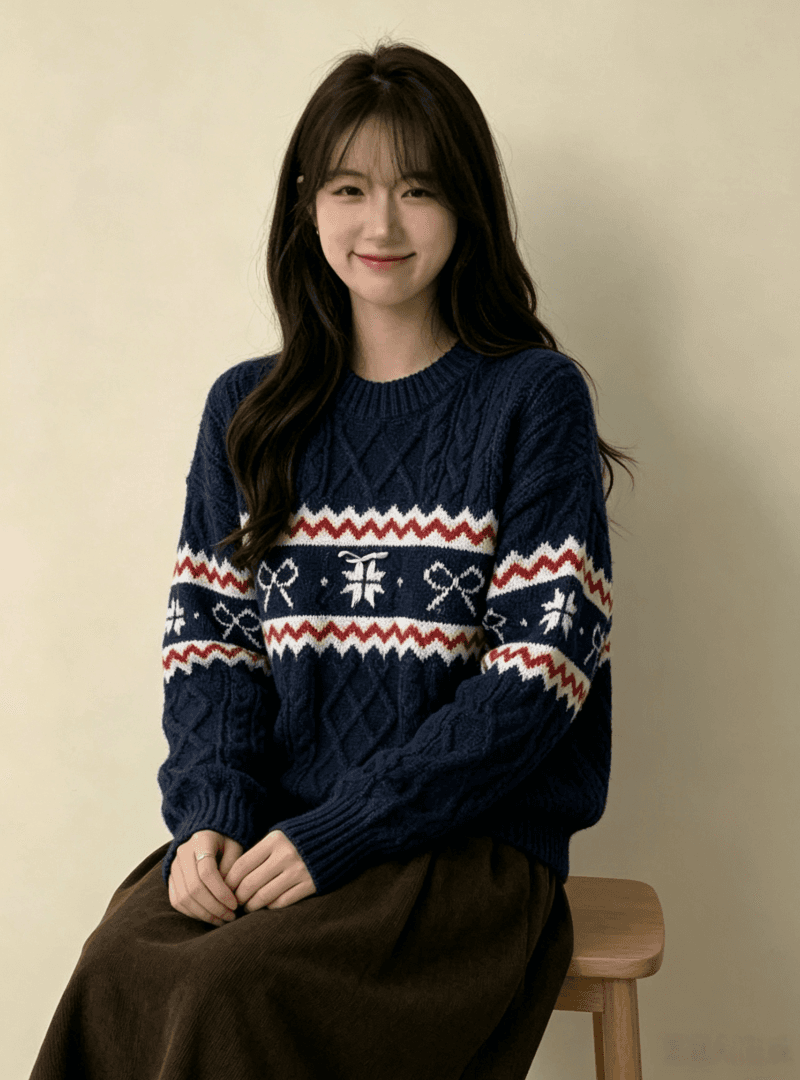 공정한 섬 자카드 라운드 넥 스웨터 여자 루즈핏 보온 인사이드 가져 가라. 만나는 니트 스웨터 느긋한 바람 맨위 상세 이미지 6