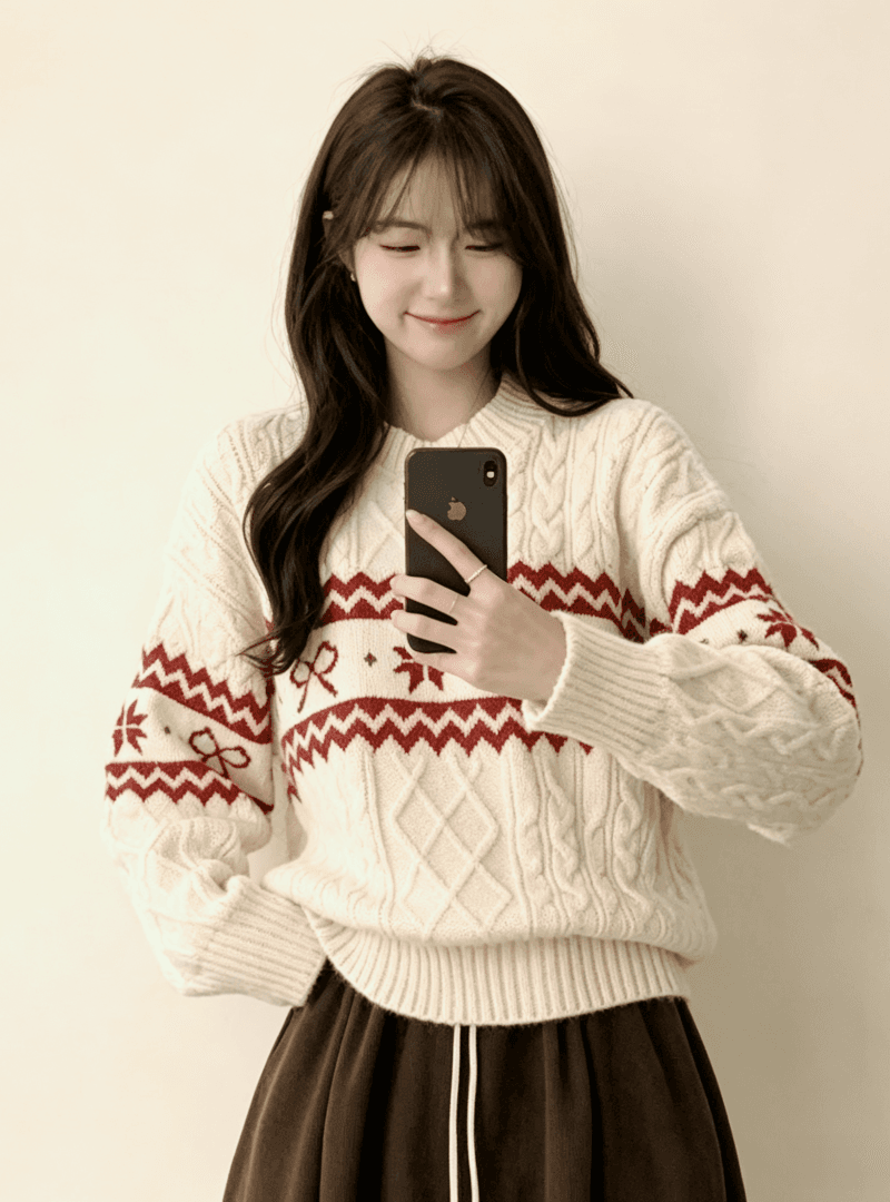 공정한 섬 자카드 라운드 넥 스웨터 여자 루즈핏 보온 인사이드 가져 가라. 만나는 니트 스웨터 느긋한 바람 맨위 상세 이미지 9